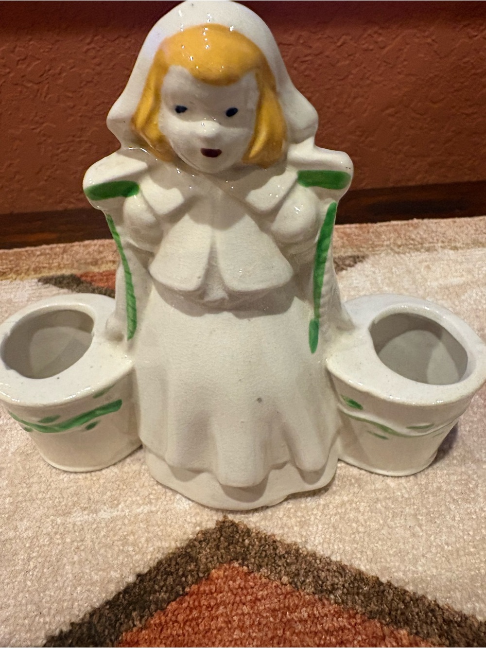 Vintage White Ceramic Girl Planter with Green Accents